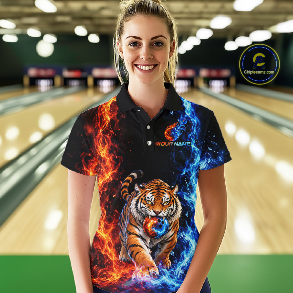 Custom Tiger Bowling Team Shirt for Women Orange & Blue Bowling Jersey QZT1291
