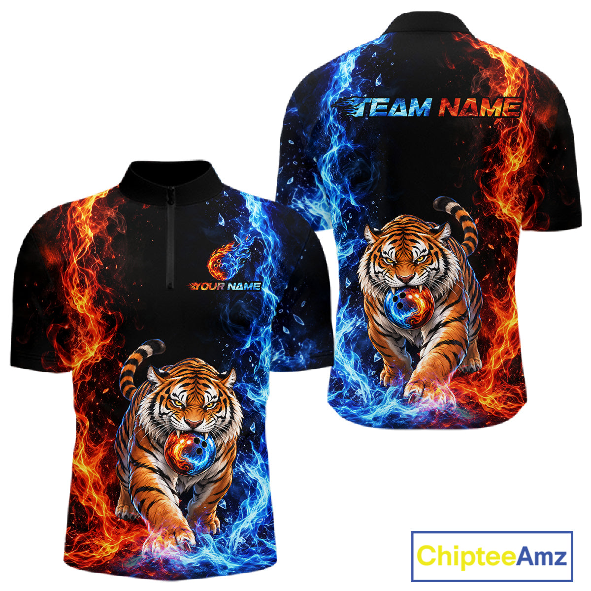 Custom Tiger Bowling Team Shirt for Men Orange & Blue Bowling Jersey QZT1291