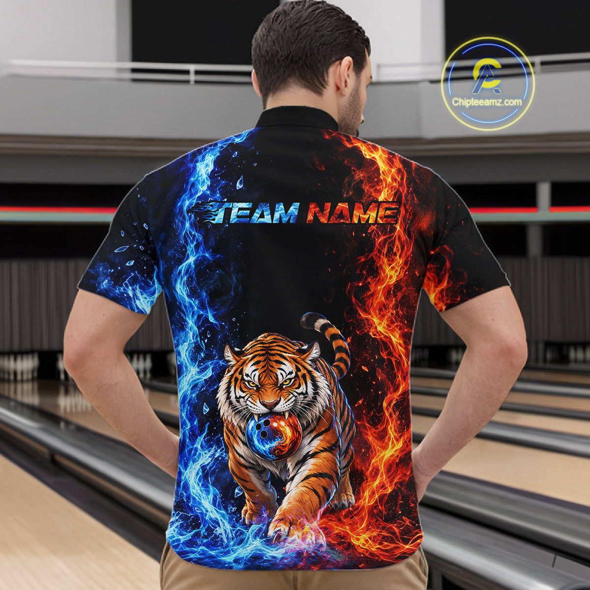 Custom Tiger Bowling Team Shirt for Men Orange & Blue Bowling Jersey QZT1291