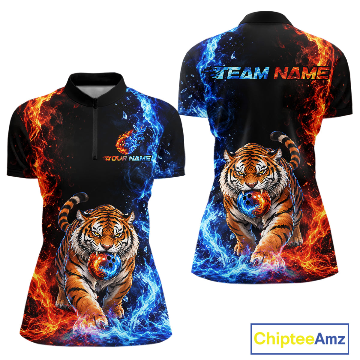Custom Tiger Bowling Team Shirt for Women Orange & Blue Bowling Jersey QZT1291
