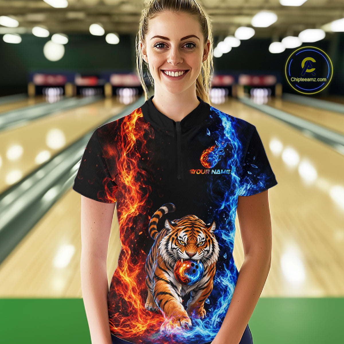 Custom Tiger Bowling Team Shirt for Women Orange & Blue Bowling Jersey QZT1291