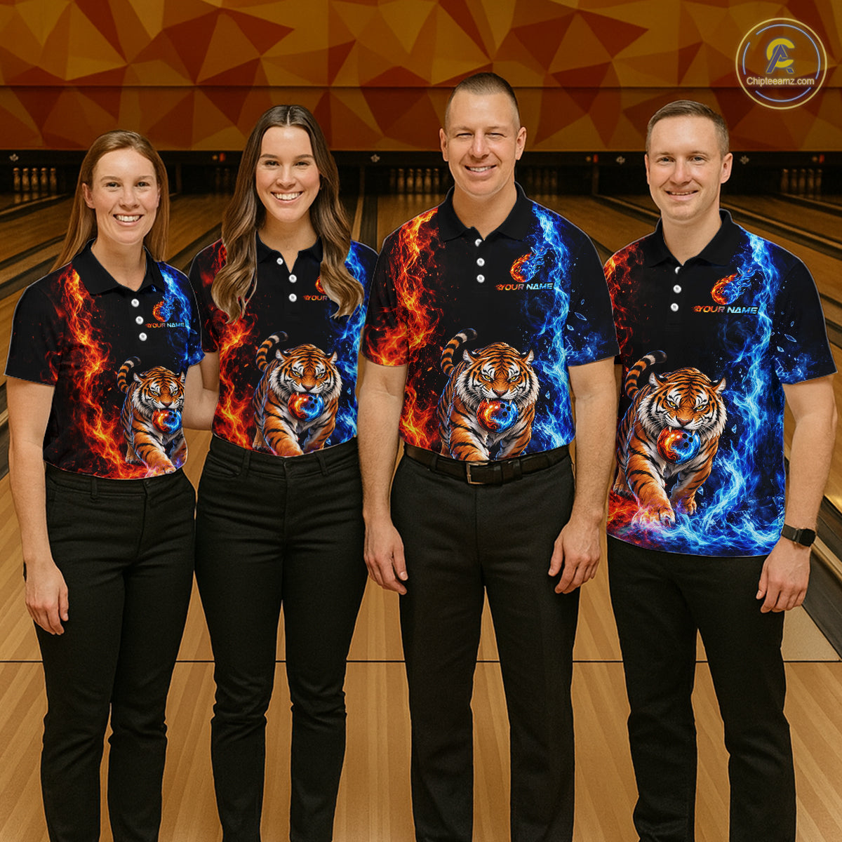 Custom Tiger Bowling Team Shirt for Men Orange & Blue Bowling Jersey QZT1291