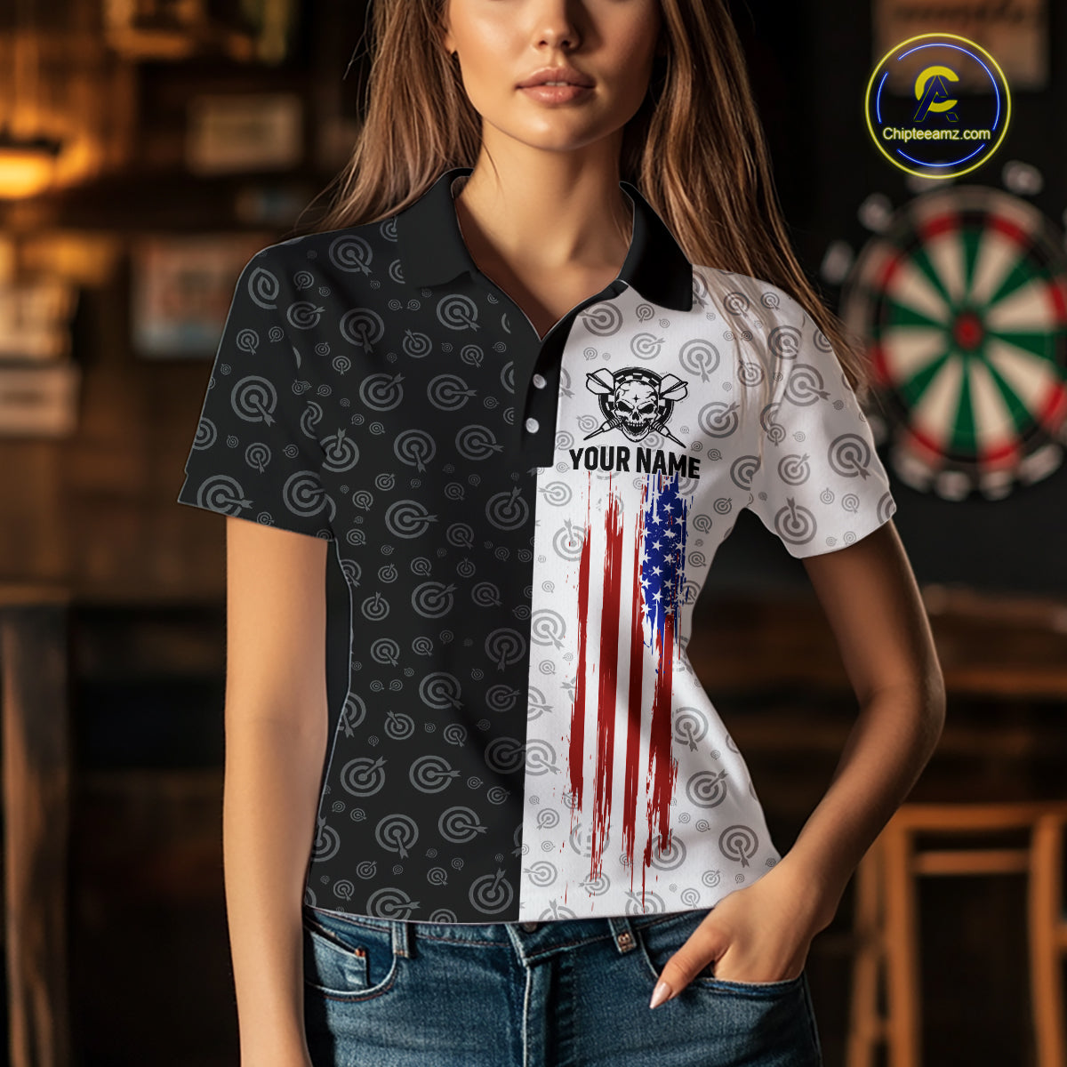 Custom Black & White Skull Dart Shirt for Women American Flag Dart Jersey for Team Dartboard Shirts Gift DHT10