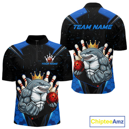 Custom Blue Funny Shark Bowling Team Shirt Bowling Jersey for Men Polo & Quarter-Zip QZT949