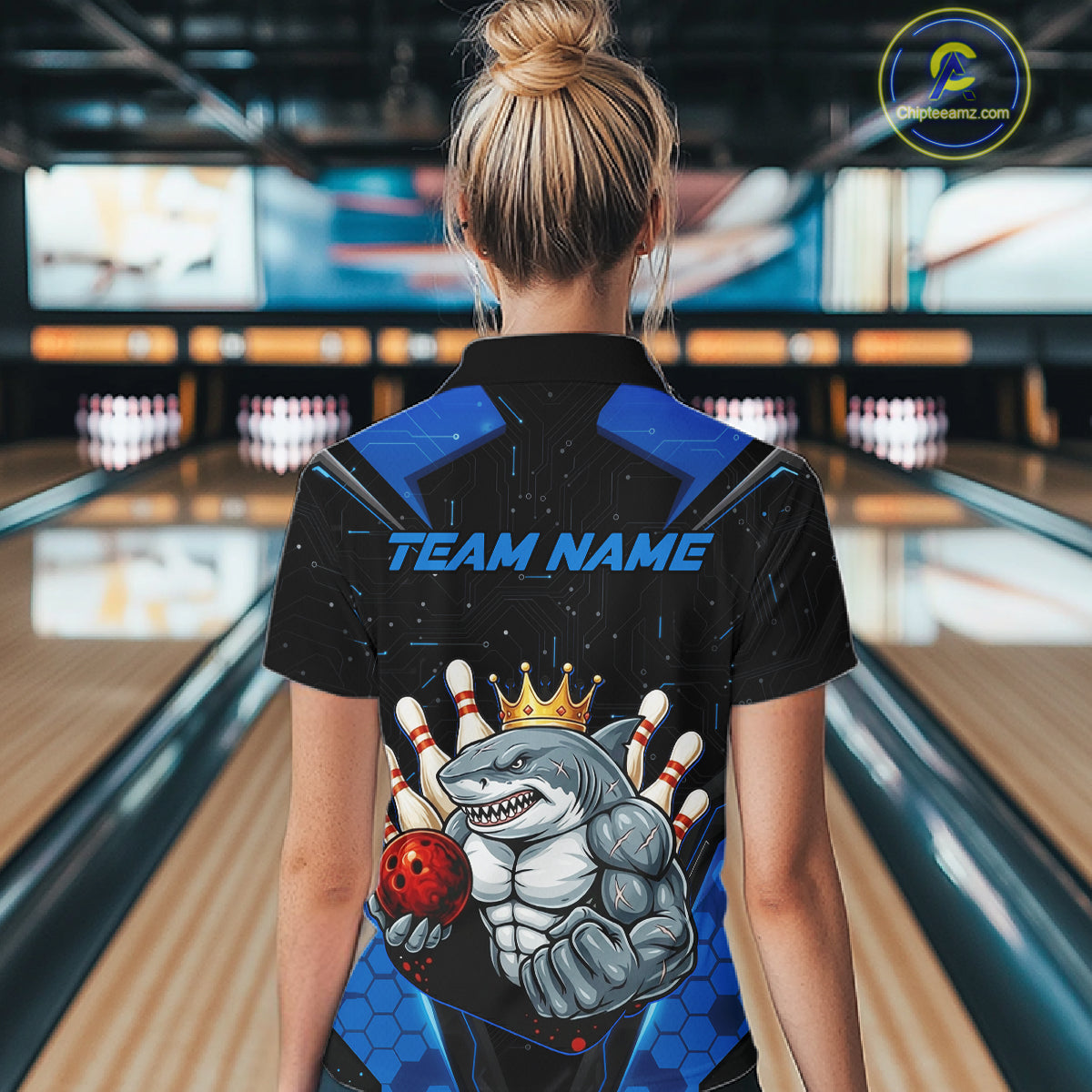 Custom Blue Funny Shark Bowling Team Shirt Bowling Jersey for Women Polo & Quarter-Zip QZT949