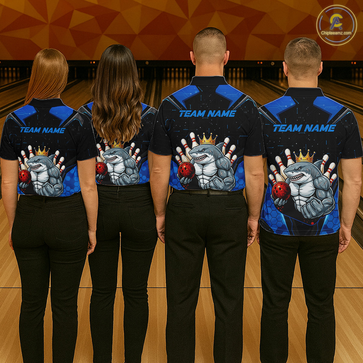 Custom Blue Funny Shark Bowling Team Shirt Bowling Jersey for Men Polo & Quarter-Zip QZT949