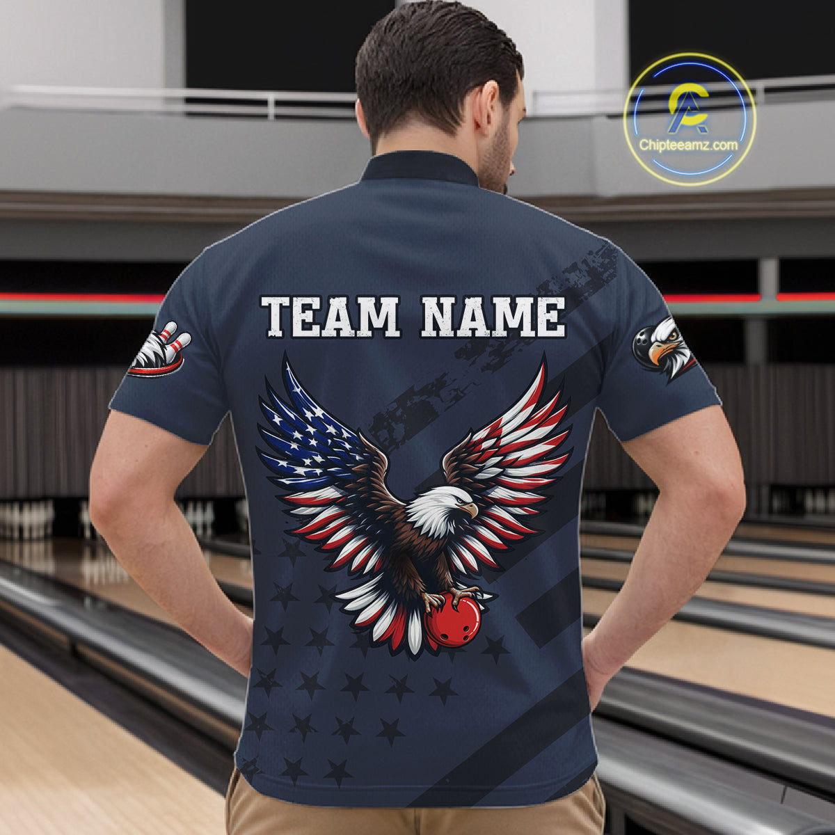 Custom American Flag Eagle Bowling Shirt for Men Polo & Quarter-Zip Bowling Team Jersey QZT953
