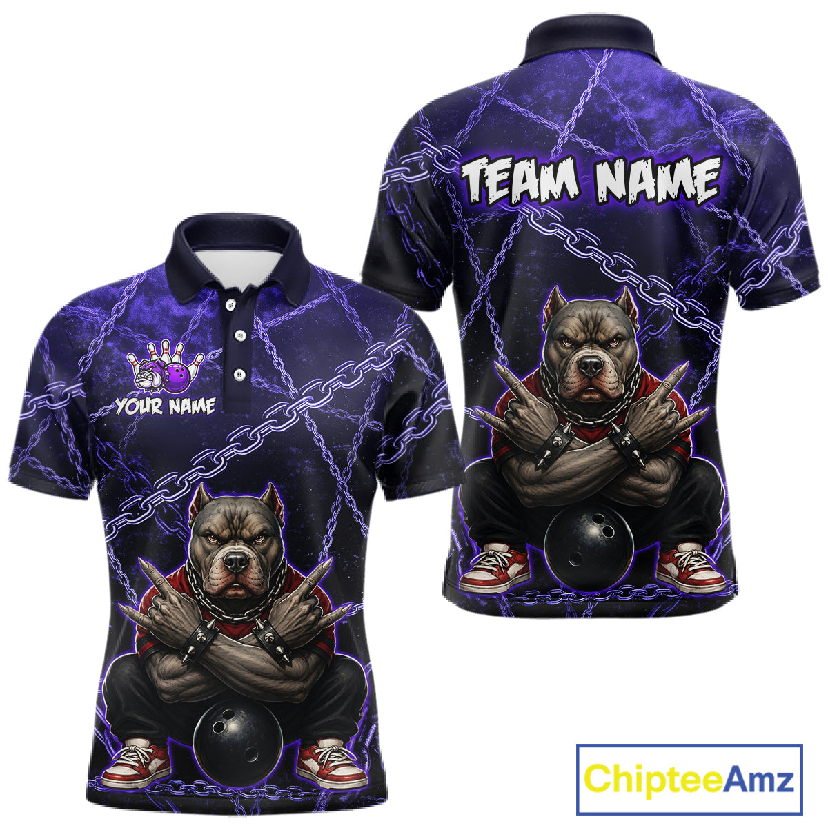 Custom purple cool pit bull bowling polo shirt, front and back views, bowling league jersey for men
