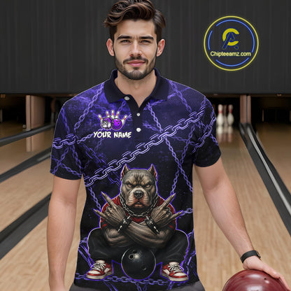 Man wearing custom purple cool pit bull bowling polo shirt, front view mockup, personalized bowling league jersey.