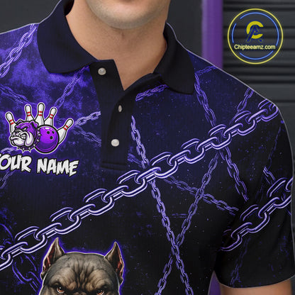 Close-up collar view of custom purple cool pit bull bowling polo shirt with personalized name detail.