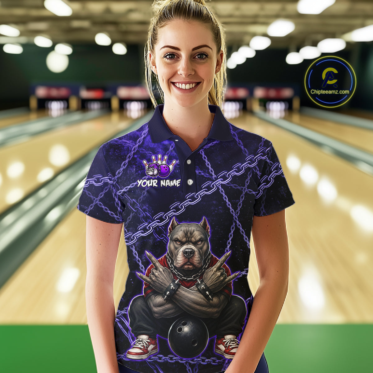 Woman wearing custom purple cool pit bull bowling polo shirt, front view mockup, personalized bowling league jersey.