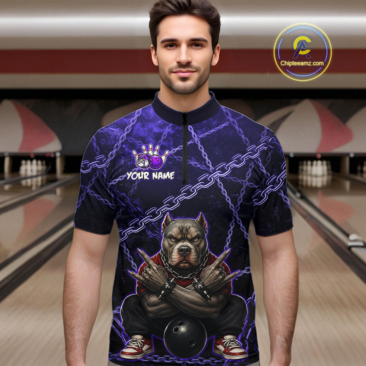 Man wearing custom purple cool pit bull bowling 1/4 zip shirt, front view mockup, personalized bowling league jersey.