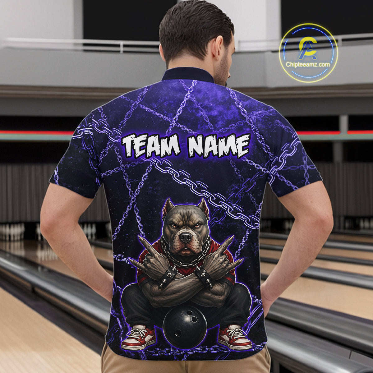 Man wearing custom purple cool pit bull bowling 1/4 zip shirt, back view mockup with team name design.