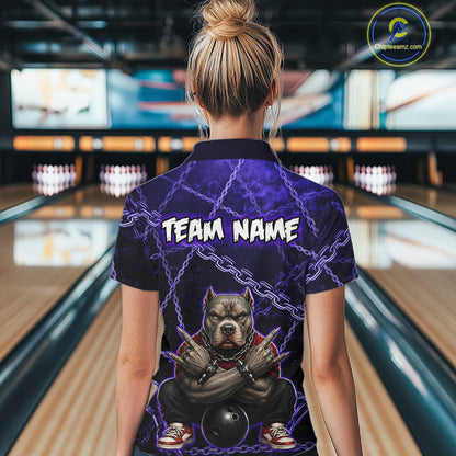 Woman wearing custom purple cool pit bull bowling polo shirt, back view mockup with team name design.