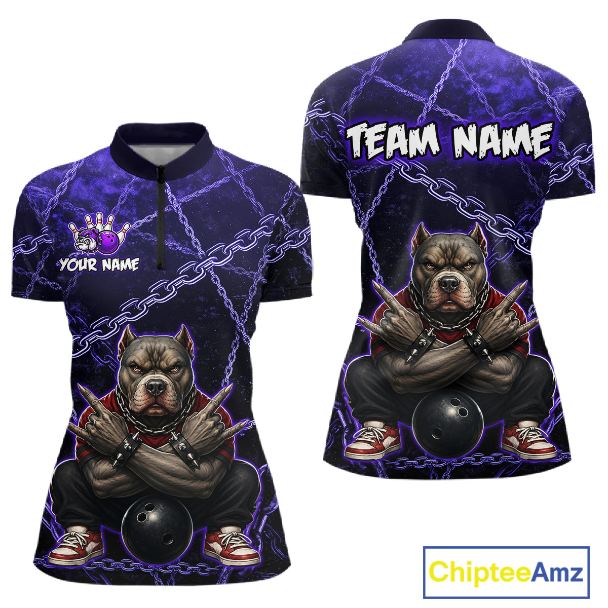 Custom purple cool pit bull  bowling quarter-zip shirt, front and back views, bowling league jersey for women