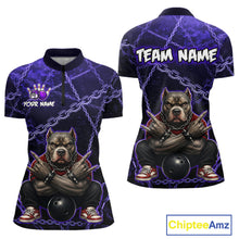 Load image into Gallery viewer, Custom purple cool pit bull  bowling quarter-zip shirt, front and back views, bowling league jersey for women