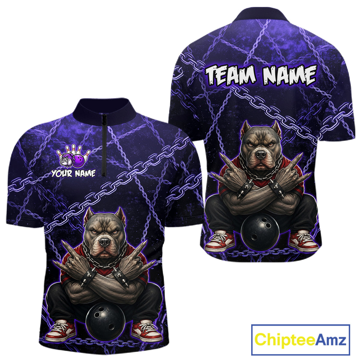 Custom purple cool pit bull  bowling quarter-zip shirt, front and back views, bowling league jersey for men