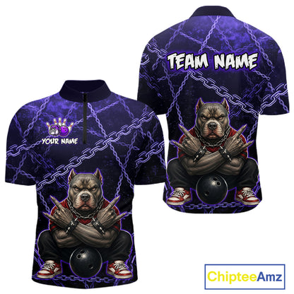 Custom purple cool pit bull  bowling quarter-zip shirt, front and back views, bowling league jersey for men