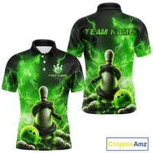 Load image into Gallery viewer, Green and black bowling-themed polo shirt with snake design and 'Team Name' text on a white background.