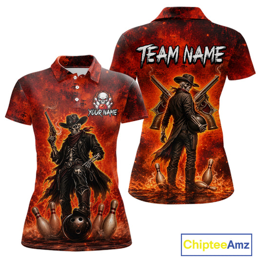 Custom Cowboy Skull Bowling Shirt for Women Red Fire Western Bowling Jersey Polo & 1/4 Zip QZT1224