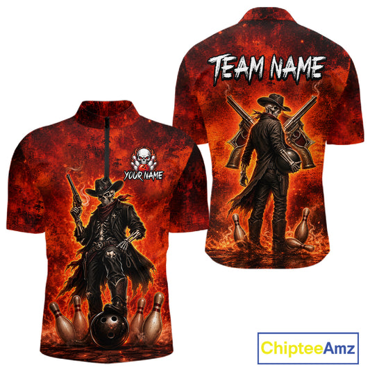 Custom Cowboy Skull Bowling Shirt for Men Red Fire Western Bowling Jersey Polo & 1/4 Zip QZT1224