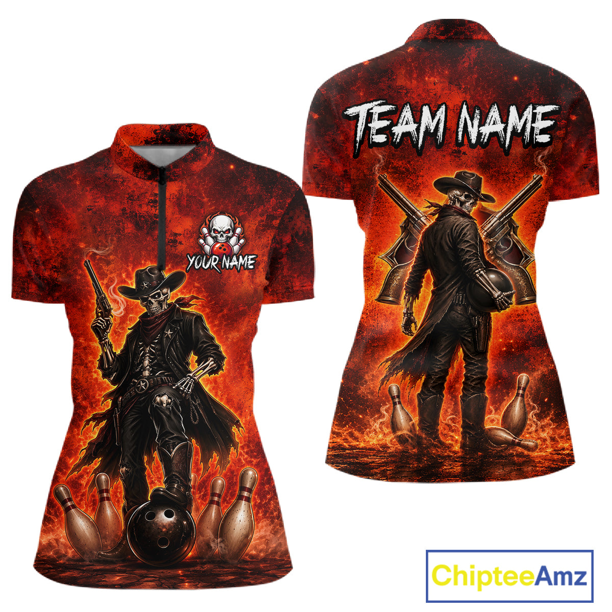 Custom Cowboy Skull Bowling Shirt for Women Red Fire Western Bowling Jersey Polo & 1/4 Zip QZT1224