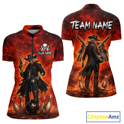 Custom Cowboy Skull Bowling Shirt for Women Red Fire Western Bowling Jersey Polo & 1/4 Zip QZT1224