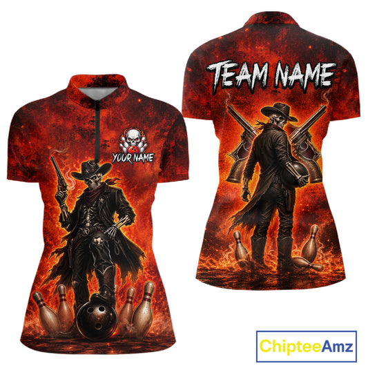 Custom Cowboy Skull Bowling Shirt for Women Red Fire Western Bowling Jersey Polo & 1/4 Zip QZT1224