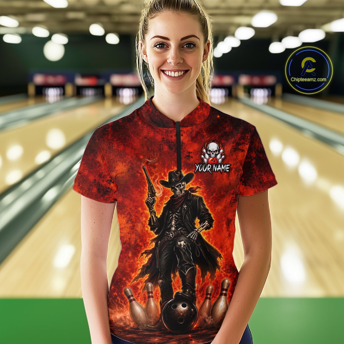 Custom Cowboy Skull Bowling Shirt for Women Red Fire Western Bowling Jersey Polo & 1/4 Zip QZT1224