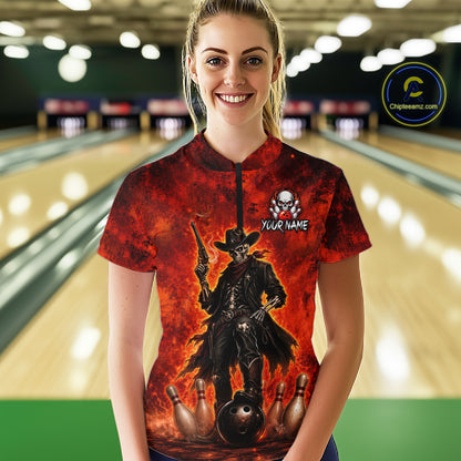 Custom Cowboy Skull Bowling Shirt for Women Red Fire Western Bowling Jersey Polo & 1/4 Zip QZT1224