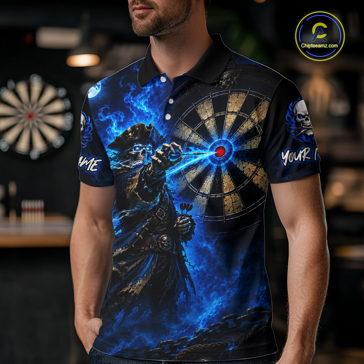 Custom Skeleton Pirate Dart Shirt for Men Blue Dart Jersey Polo & Quarter-Zip DHT60