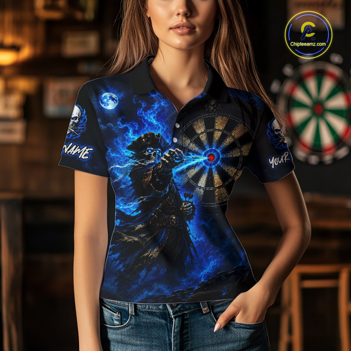 Custom Skeleton Pirate Dart Shirt for Women Turquoise Dart Jersey Polo & Quarter-Zip DHT59