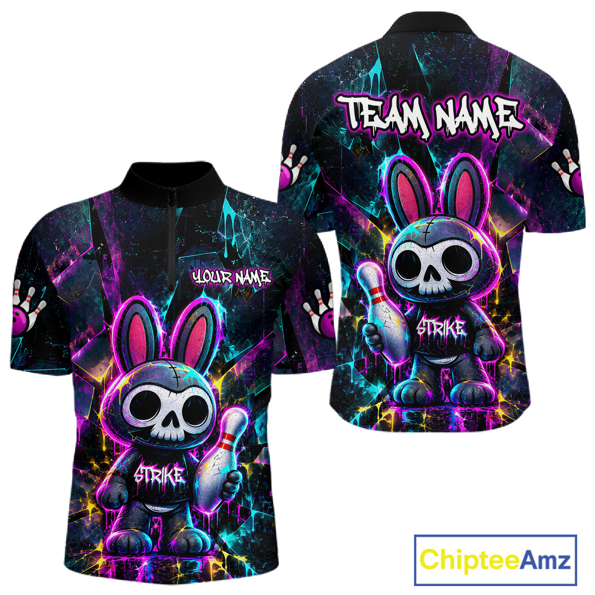 Custom Skull Bunny Bowling Shirt Gothic Bowling League Jersey for Men QZT1295
