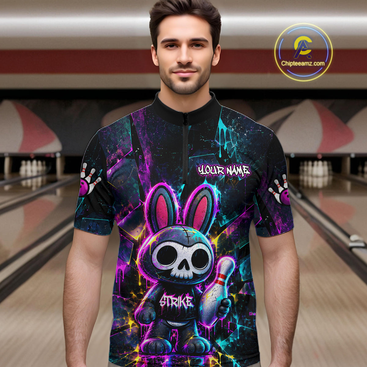Custom Skull Bunny Bowling Shirt Gothic Bowling League Jersey for Men QZT1295