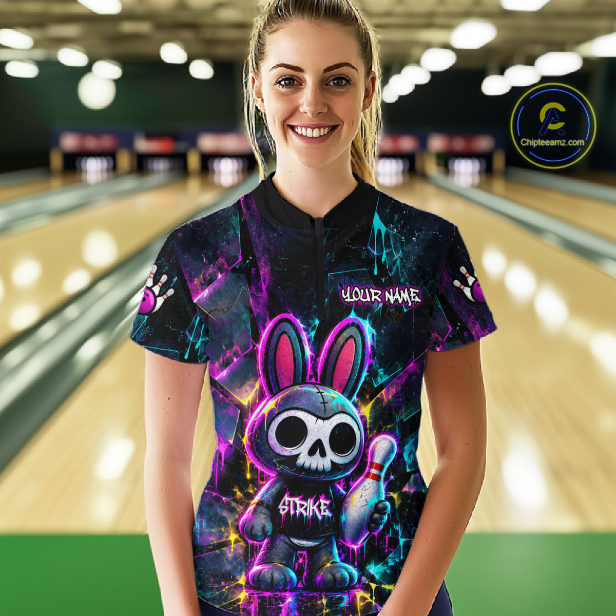Custom Skull Bunny Bowling Shirt Gothic Bowling League Jersey for Women QZT1295