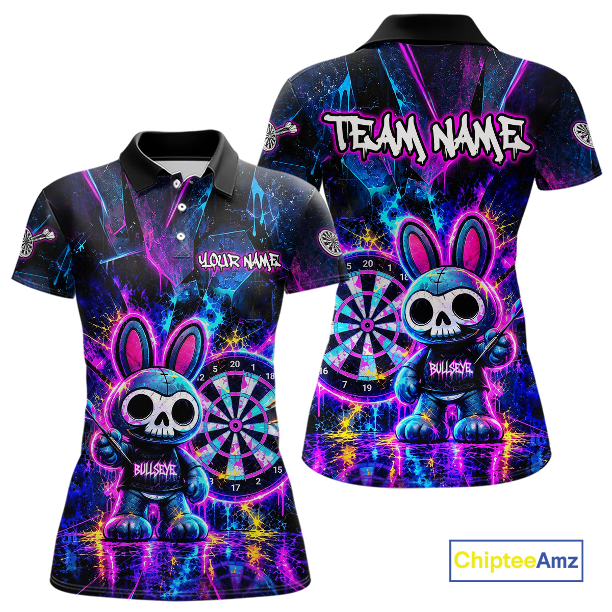 Custom Neon Skull Bunny Dart Shirt for Women Dart League Jersey Polo & 1/4-Zip DHT74