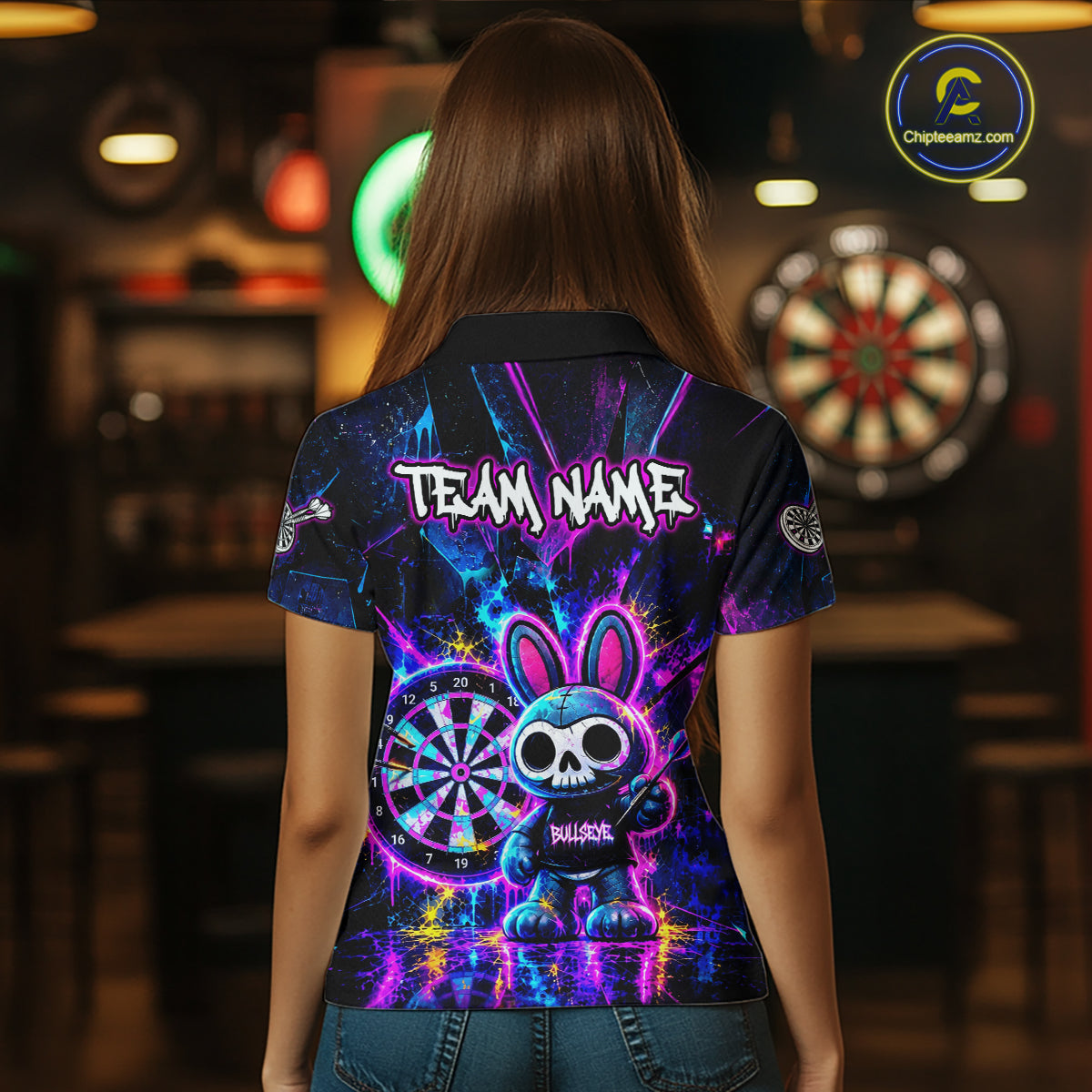 Custom Neon Skull Bunny Dart Shirt for Women Dart League Jersey Polo & 1/4-Zip DHT74