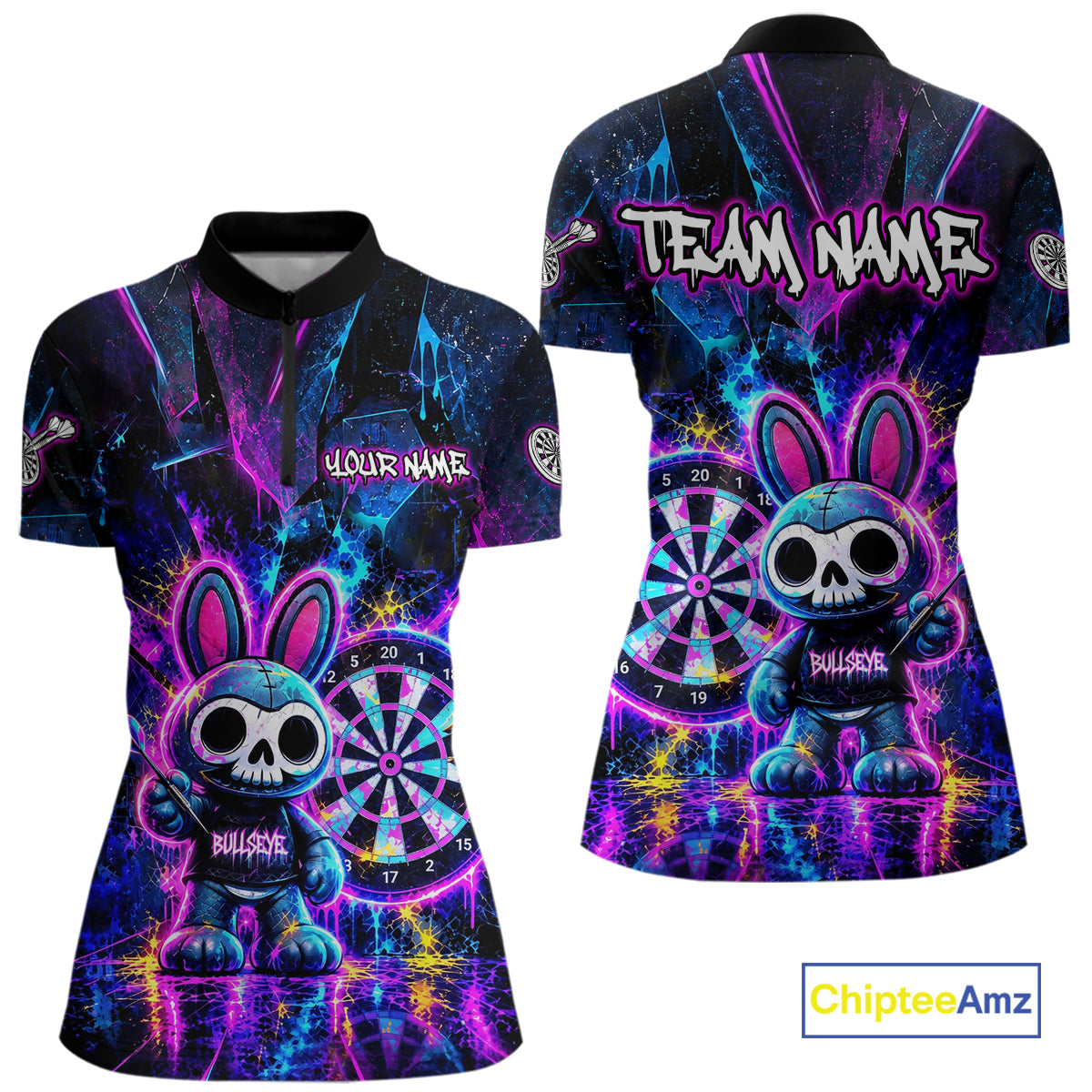 Custom Neon Skull Bunny Dart Shirt for Women Dart League Jersey Polo & 1/4-Zip DHT74