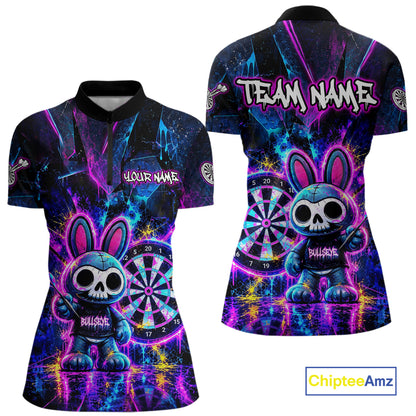 Custom Neon Skull Bunny Dart Shirt for Women Dart League Jersey Polo & 1/4-Zip DHT74