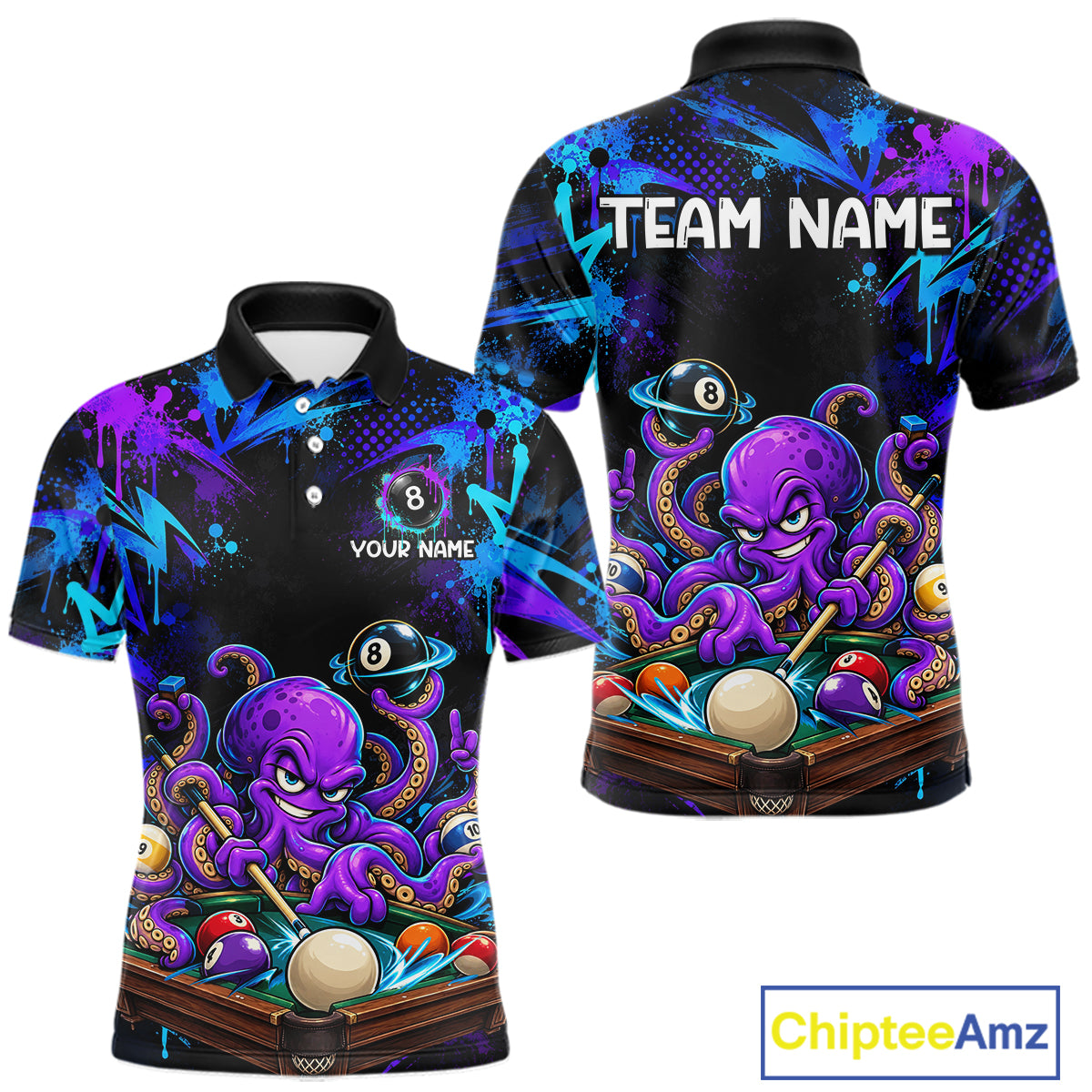 Custom Funny Octopus Billiard Team Shirt for Men Teal Purple Graffiti Pool Jersey Polo & Quarter-Zip BHT159