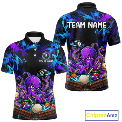 Custom Funny Octopus Billiard Team Shirt for Men Teal Purple Graffiti Pool Jersey Polo & Quarter-Zip BHT159