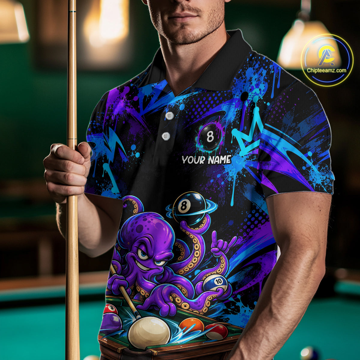 Custom Funny Octopus Billiard Team Shirt for Men Teal Purple Graffiti Pool Jersey Polo & Quarter-Zip BHT159