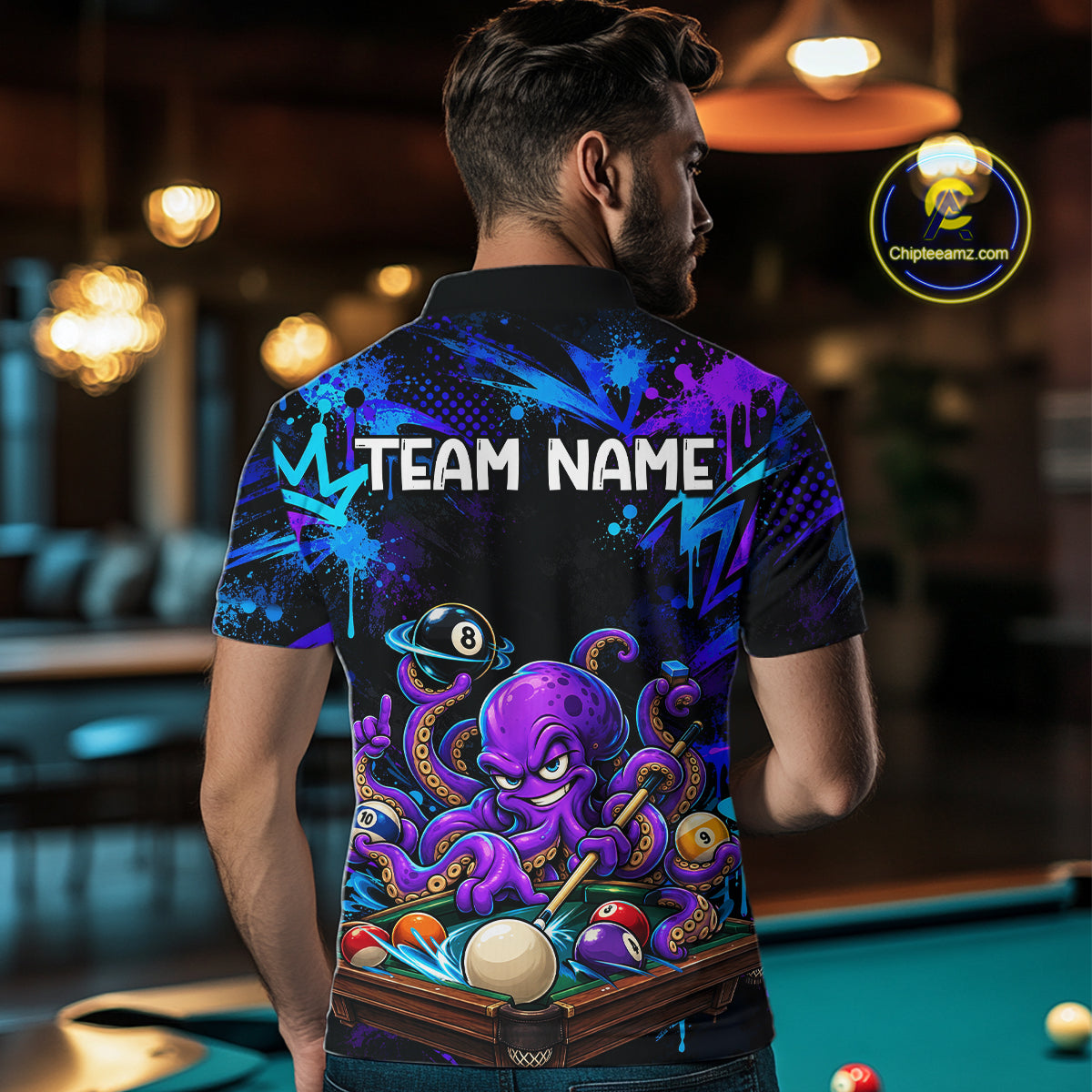 Custom Funny Octopus Billiard Team Shirt for Men Teal Purple Graffiti Pool Jersey Polo & Quarter-Zip BHT159