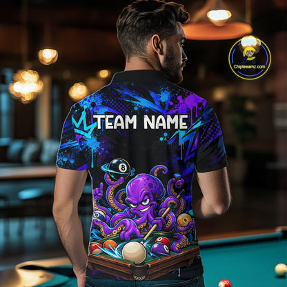 Custom Funny Octopus Billiard Team Shirt for Men Teal Purple Graffiti Pool Jersey Polo & Quarter-Zip BHT159