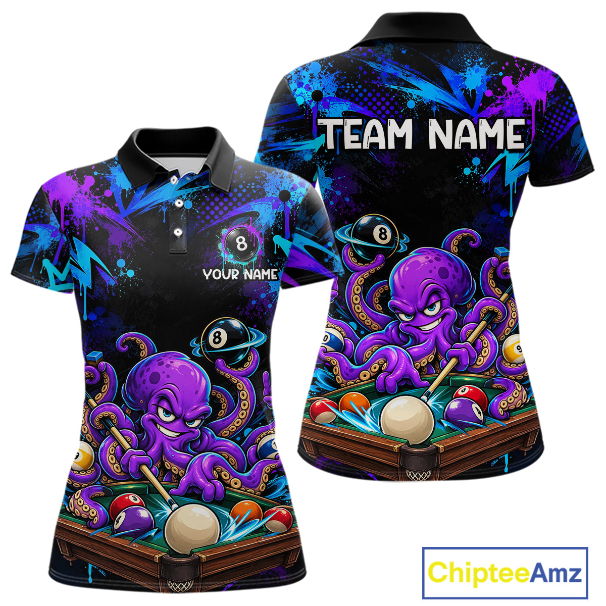 Custom Funny Octopus Billiard Team Shirt for Women Teal Purple Graffiti Pool Jersey Polo & Quarter-Zip BHT159