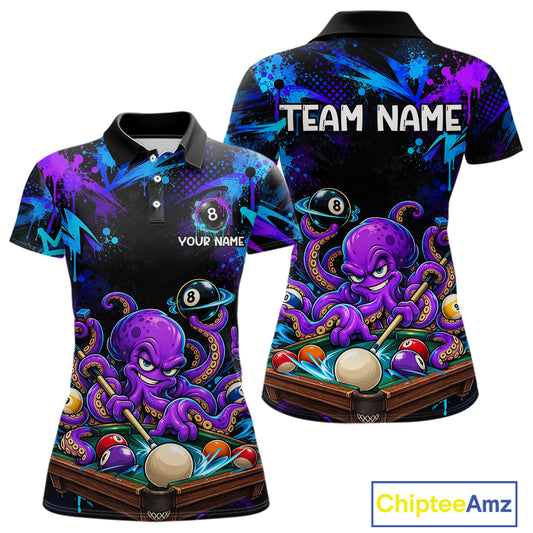 Custom Funny Octopus Billiard Team Shirt for Women Teal Purple Graffiti Pool Jersey Polo & Quarter-Zip BHT159