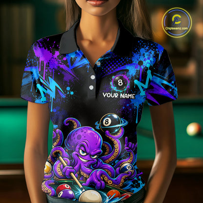 Custom Funny Octopus Billiard Team Shirt for Women Teal Purple Graffiti Pool Jersey Polo & Quarter-Zip BHT159