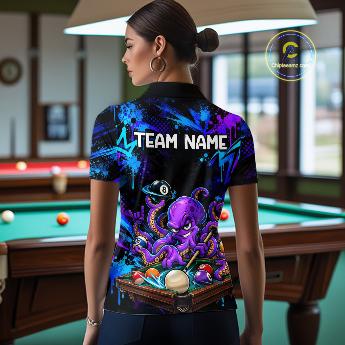 Custom Funny Octopus Billiard Team Shirt for Women Teal Purple Graffiti Pool Jersey Polo & Quarter-Zip BHT159