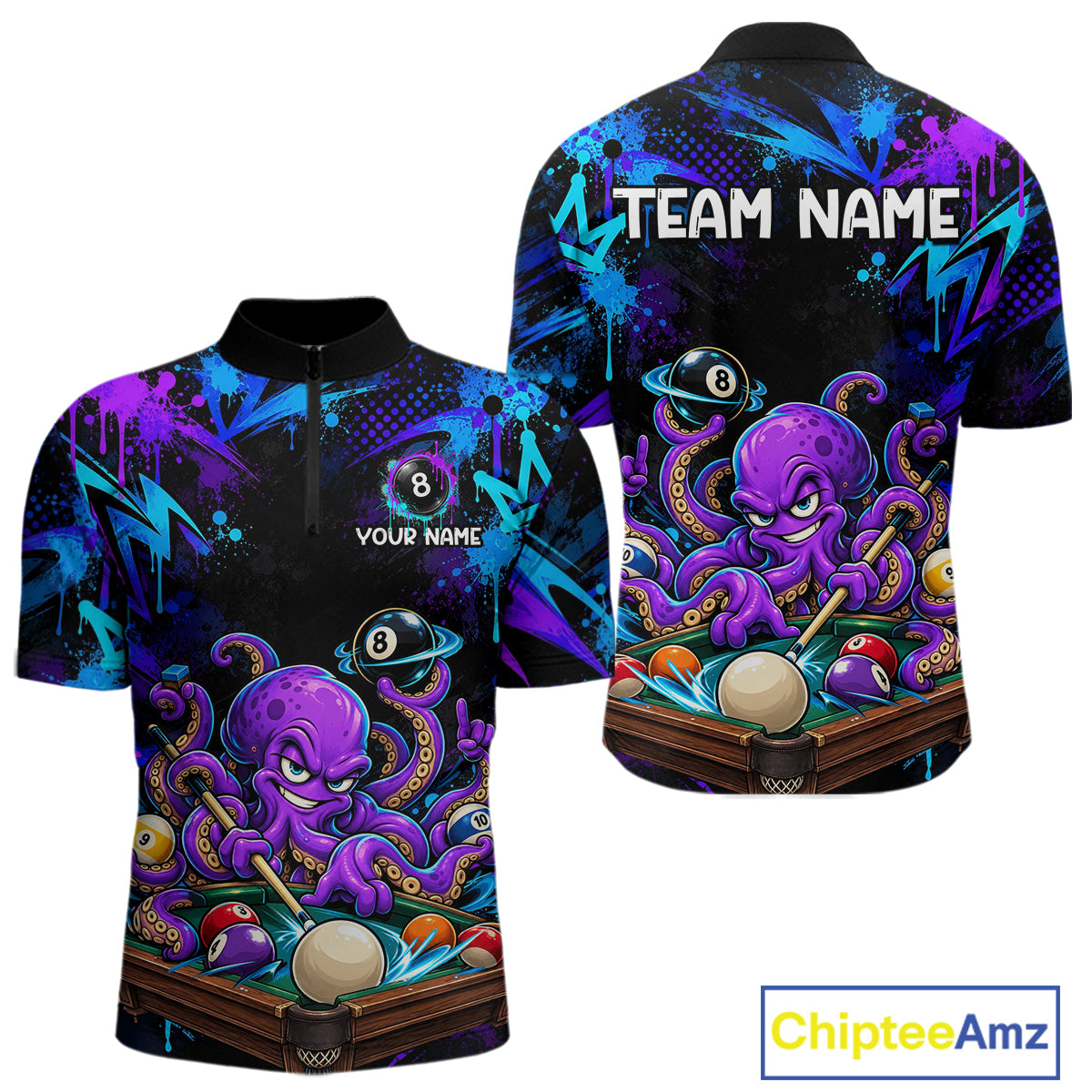 Custom Funny Octopus Billiard Team Shirt for Men Teal Purple Graffiti Pool Jersey Polo & Quarter-Zip BHT159