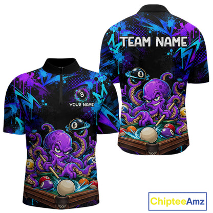 Custom Funny Octopus Billiard Team Shirt for Men Teal Purple Graffiti Pool Jersey Polo & Quarter-Zip BHT159